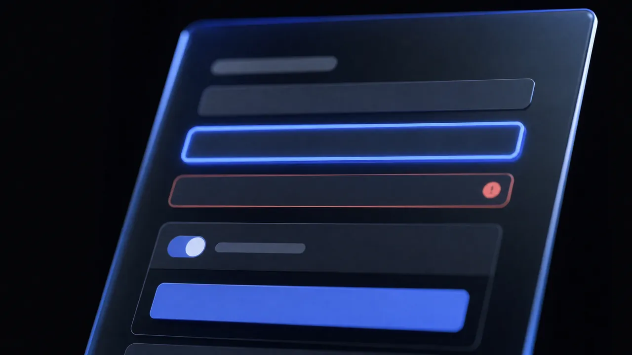 Close-up of a checkout form: the active field highlighted in blue, a field with a red error marker below it, then a guest checkout toggle and a blue button.