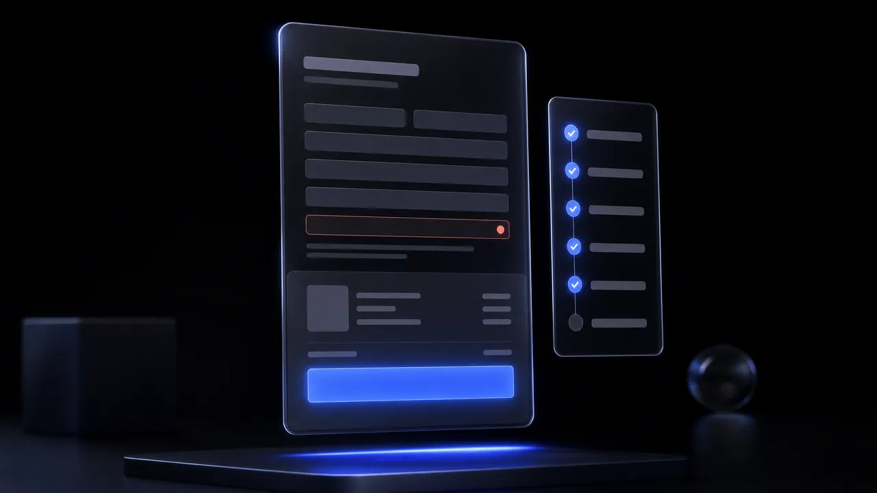 A dark glass checkout panel with a short form, an order summary and a blue pay button; beside it, a slim checklist panel with blue check marks.