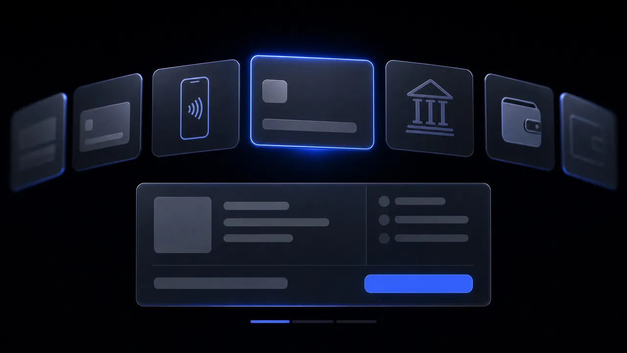 Payment method cards without logos arranged in an arc – card, phone, bank, wallet; one is selected and highlighted in blue, with an order summary and button below.