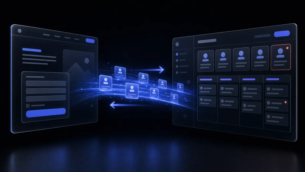 On the left, a website window with a contact form; on the right, a CRM dashboard with contact cards; between them, small contact cards travel both ways along a stream of light.