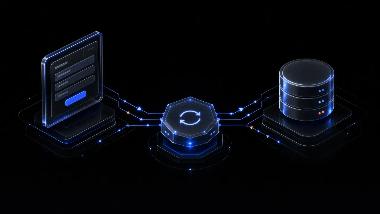 Isometric diagram: a glass website form screen on the left, an octagonal integration hub with sync arrows in the middle and a database cylinder on the right, joined by glowing lines with data points moving both ways.