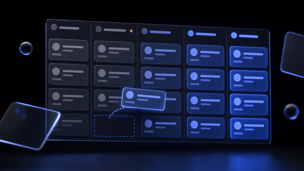 A five-column sales pipeline board with contact cards; the cards on the left are grey, those on the right bright blue, and one card is being lifted from one column to another, leaving a dashed outline behind.