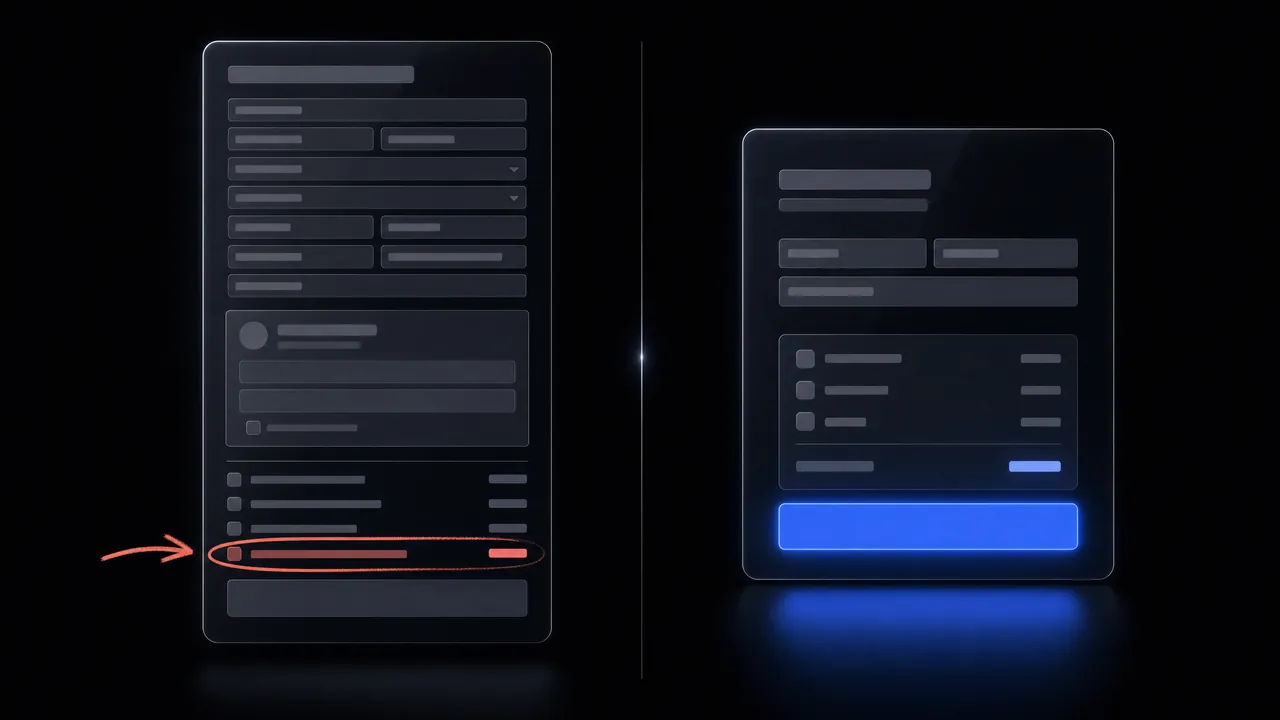 Two checkout forms side by side: on the left, a long form with many fields and an error circled in red; on the right, a short form with a few fields, an order summary and a bright pay button.
