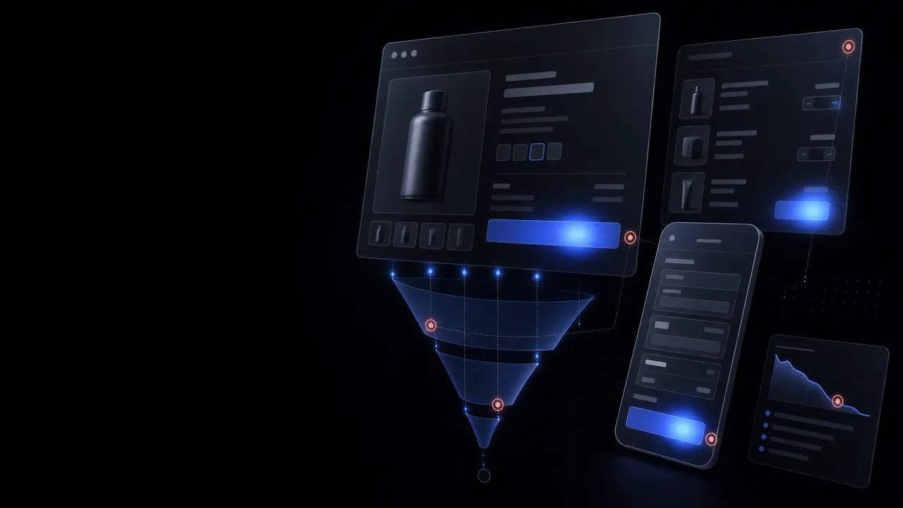 Abstract dark illustration of an online store: a product page, a product list and a mobile checkout, with a funnel below them where shoppers drop off and red friction markers along the purchase journey.