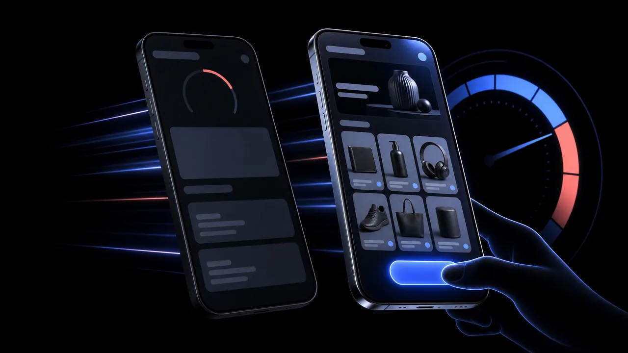 Two phones showing the same store: the left one is still loading with a red indicator, the right one already shows a product grid as a finger taps a button; a speedometer glows in the background.