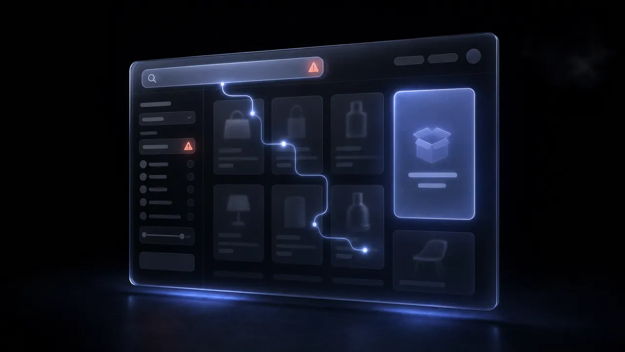 A dark store interface: the search field and a filter carry red warning signs, while a glowing line winds through the product grid to a single highlighted product card.