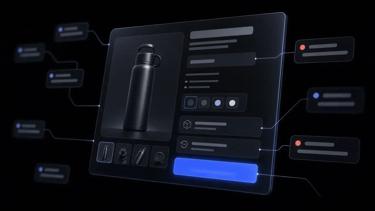 A product page with a photo of a bottle, variant options and a buy button; around it, information cards linked by lines to parts of the page, two of them marked red as missing.