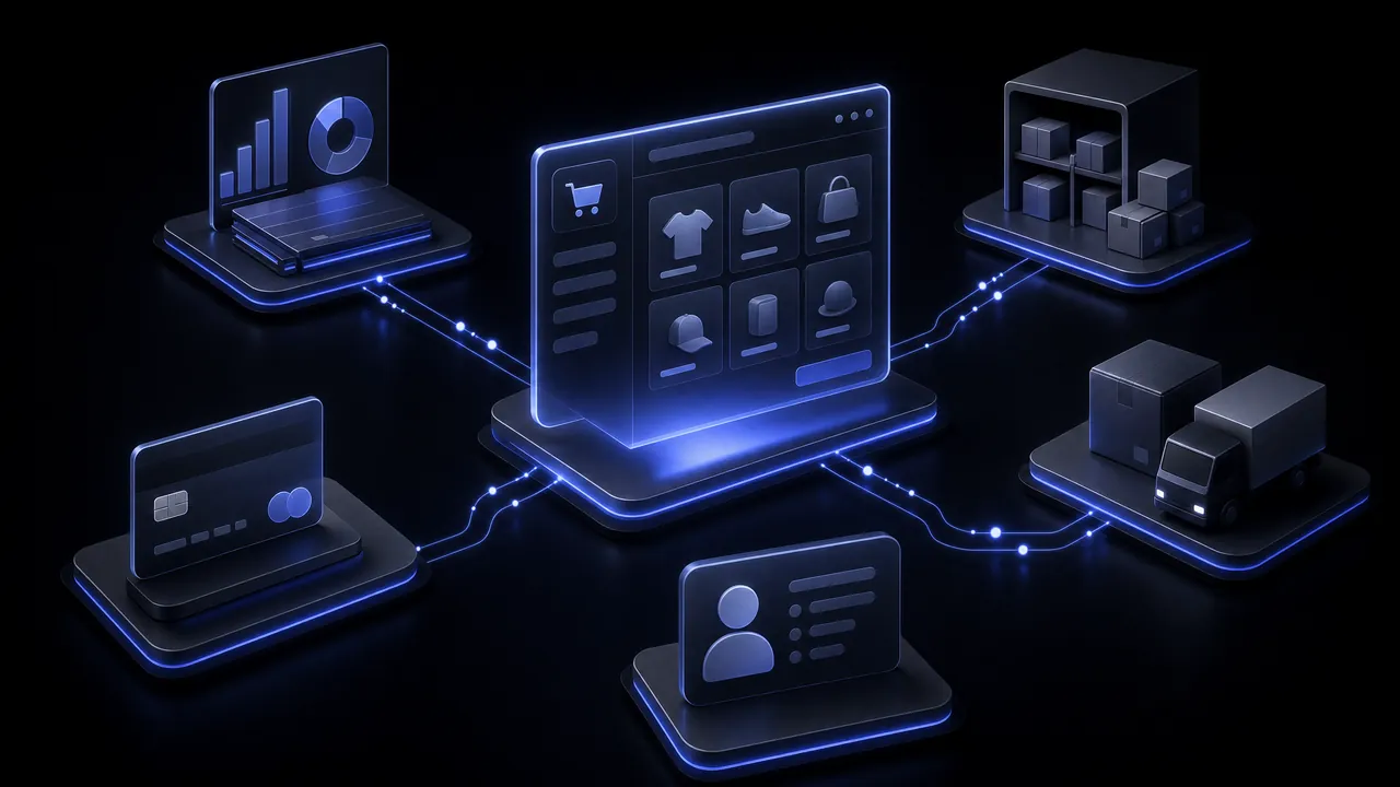 A store screen in the centre, linked by glowing lines to accounting reports, warehouse shelves, a delivery truck, a customer card and a payment card.