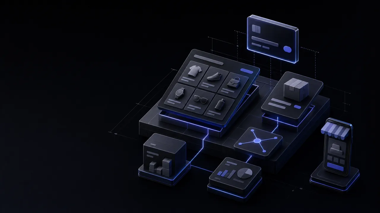 Isometric dark diagram of an online store: a product catalogue screen on a platform, linked by glowing lines to a payment card, a parcel, a warehouse, reports and a mobile storefront.