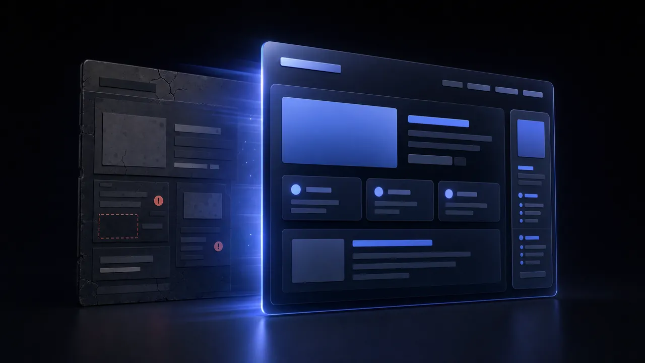 An old, faded website with error markers in the background and a clean new website glowing blue in front of it.