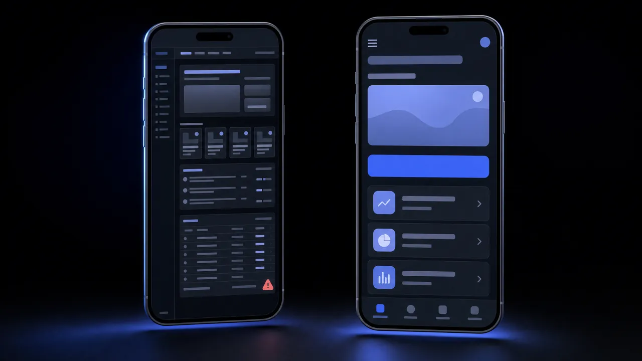 Two phones: on the left a shrunken, tiny desktop site with a warning sign, on the right a clear mobile layout with a large button and a list.