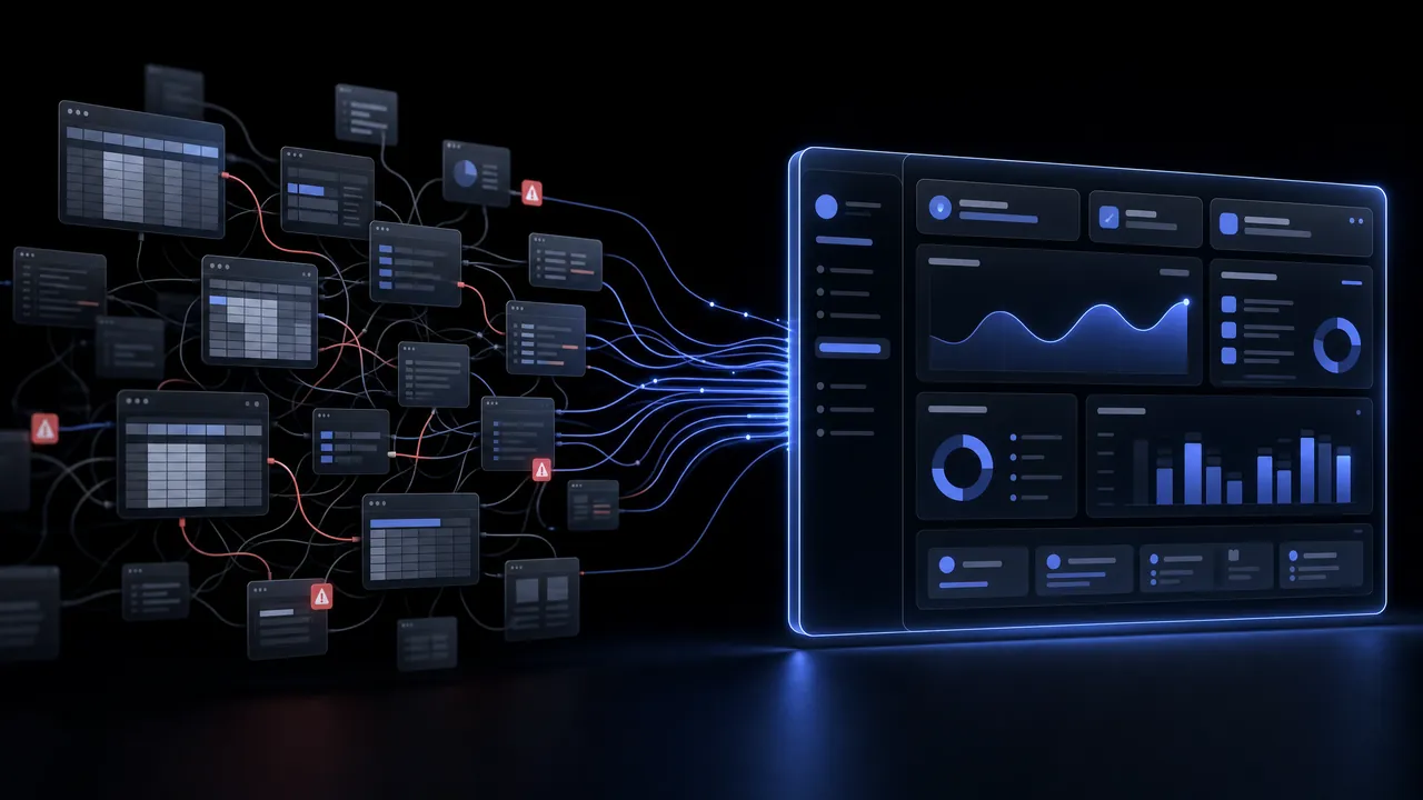 On the left, dozens of scattered spreadsheets and windows joined by tangled lines with red warning signs; on the right, the lines converge into one tidy system dashboard with charts.