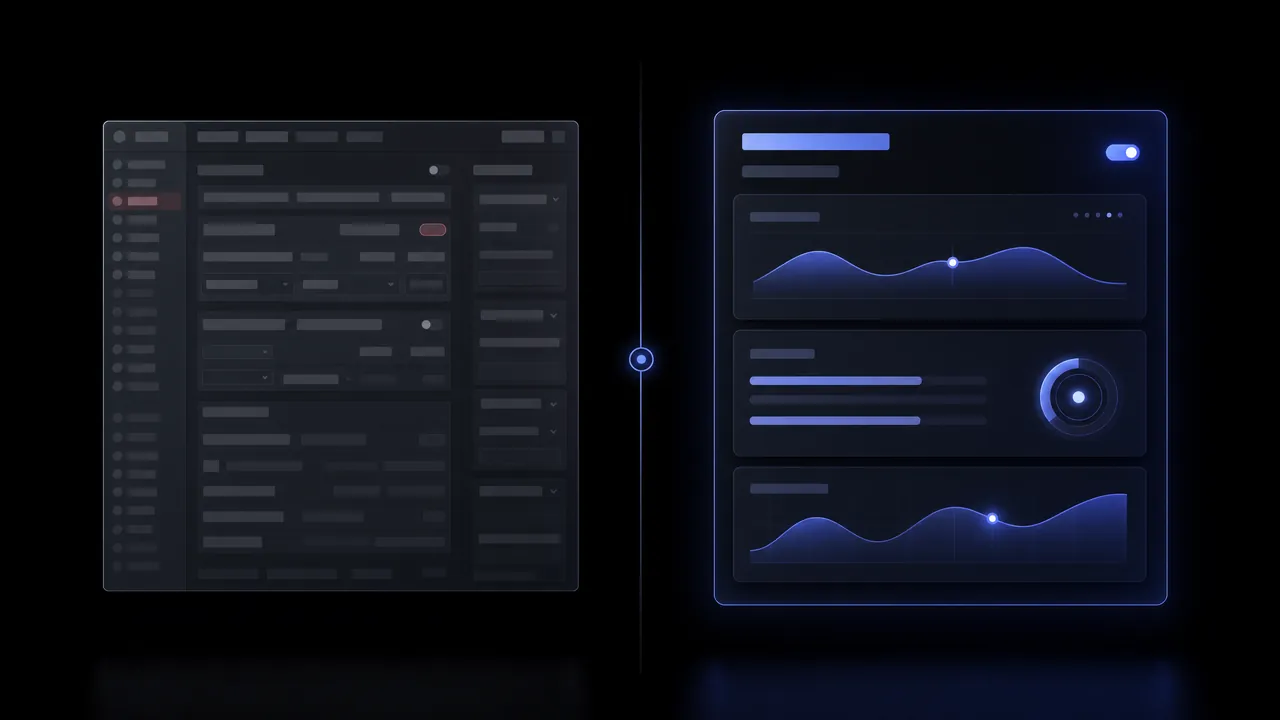 Two screens side by side: on the left, a dense grey generic tool window with many menu items and fields; on the right, a clean glowing system dashboard with a few charts and a single toggle.