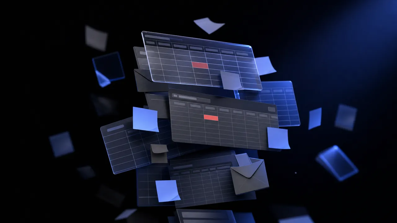 An unstable tower of spreadsheets, sticky notes and envelopes, with cells marked in red on several sheets and loose pages falling around it.