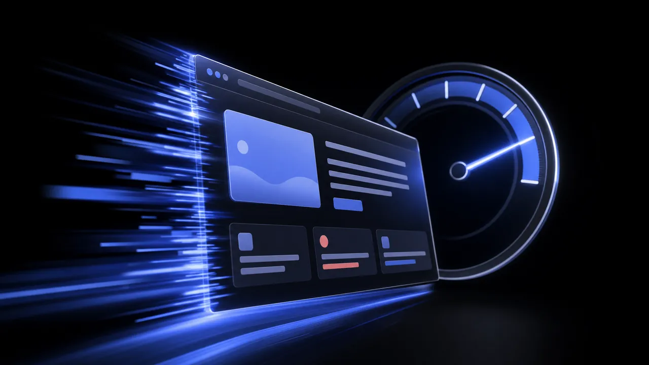 A dark website window rushing forward in streaks of blue light, with a speed gauge behind it whose needle has swung up high.