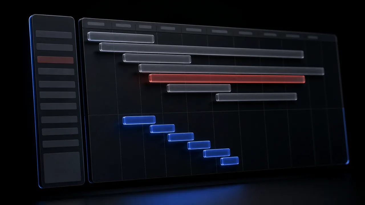 A request waterfall chart: long grey bars at the top with one red bar showing the slowest request, and short blue bars below stepping down like stairs after optimisation.