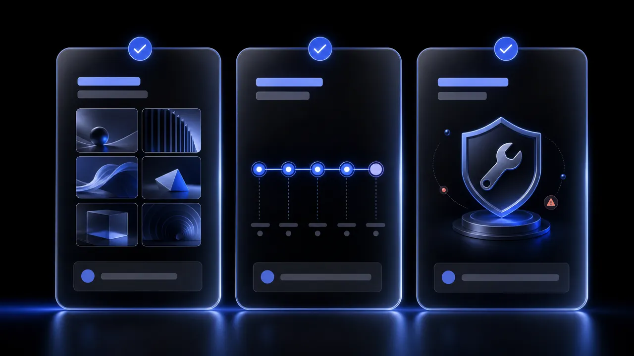 Three glass cards with blue check marks: a gallery of work, a line of process stages and a shield with a wrench.