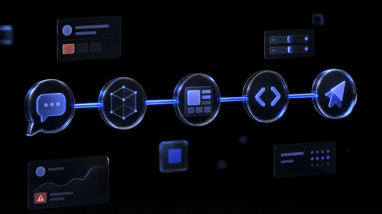Five stages joined by a glowing line: a chat bubble, a wireframe grid, a design screen, a code symbol and a launch arrow.