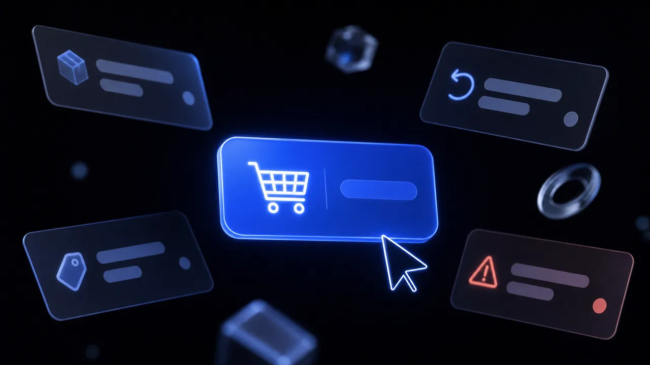 A mouse pointer frozen by a glowing button with a shopping cart icon, surrounded by blurred cards about delivery, returns and price, and a warning marked in red.