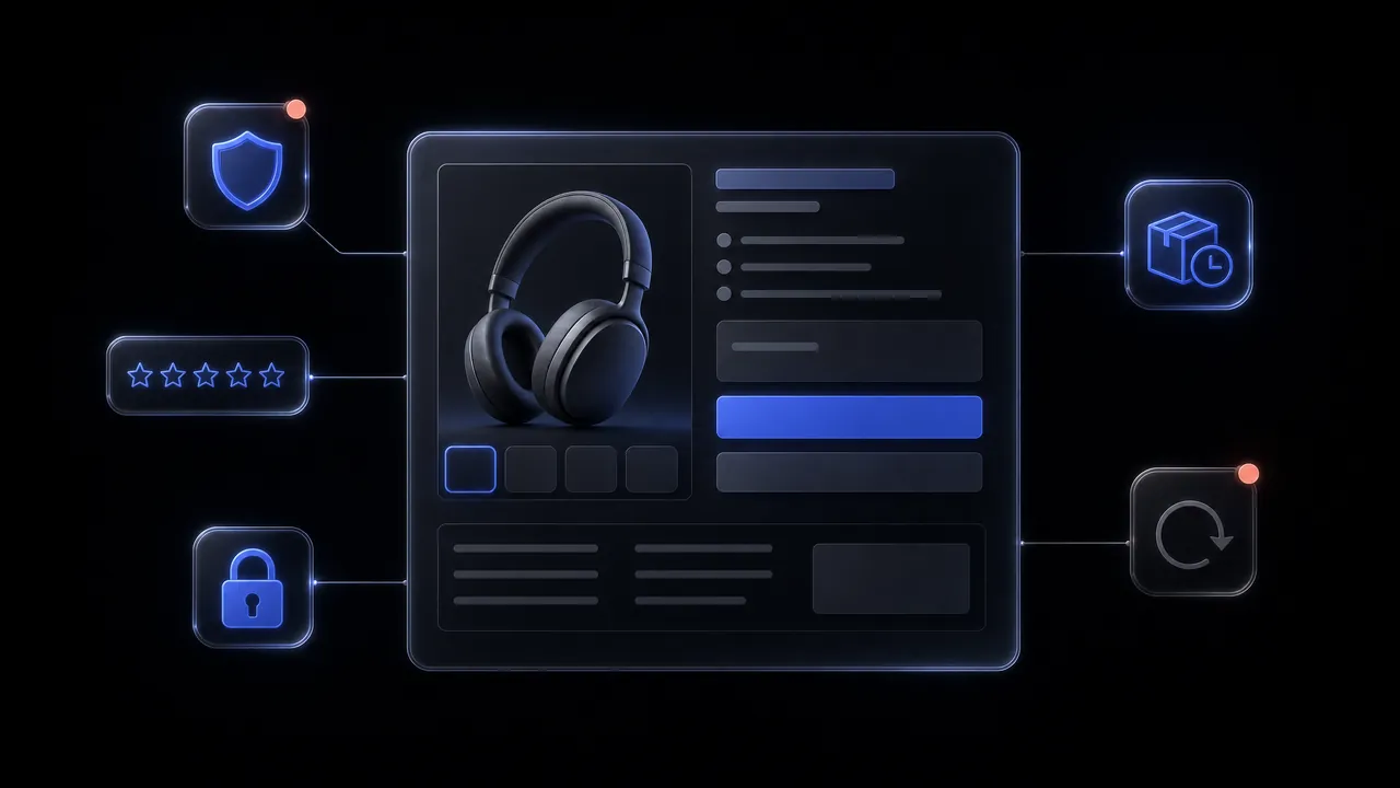 A product page with a photo of headphones, surrounded by trust signals – a shield, star ratings, delivery, a padlock and returns; two of them carry a red dot as missing.