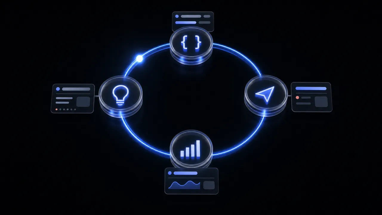 A glowing ring with four nodes – a light bulb, code brackets, a send arrow and a bar chart – with small cards beside each node.