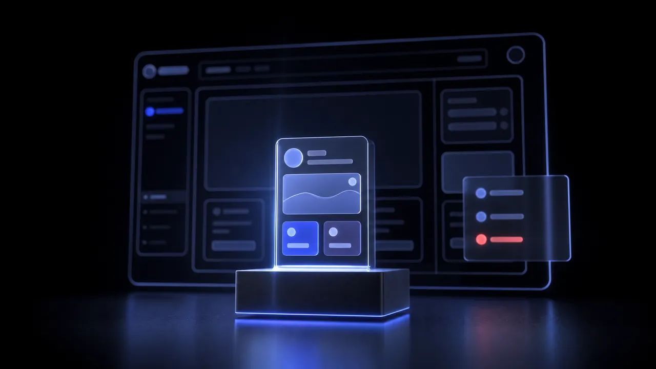 In front, on a glowing base, a small finished app screen with a chart and buttons; behind it, a translucent outline of the full future product with empty windows.