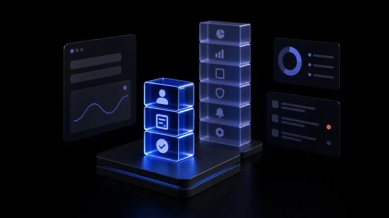 In front, three brightly glowing blocks with user, document and check-mark icons; behind them, a taller stack of dim blocks with report, security and notification icons, with screen fragments beside them.