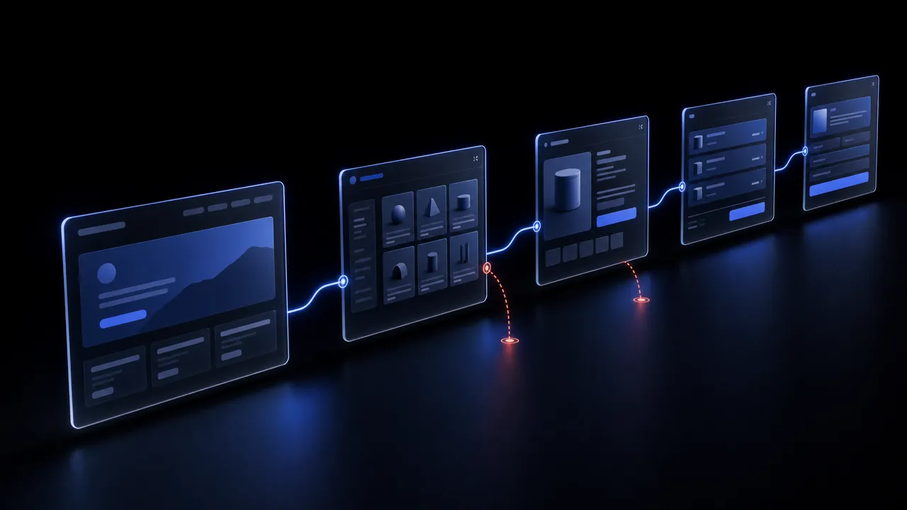 Dark online store screens – home, category, product, cart and checkout – linked by a glowing line, with red dotted markers dropping down from two of them to show where visitors leave.