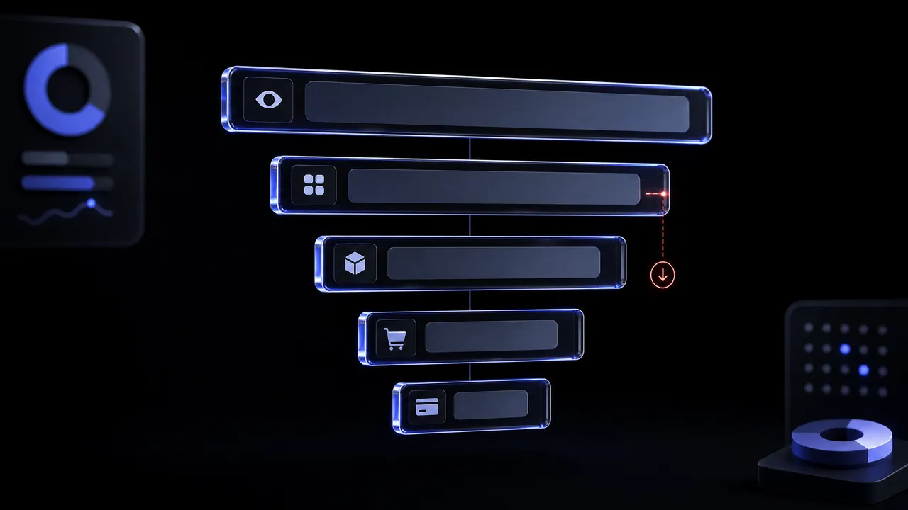 Five progressively shorter funnel bars with icons – view, category, product, cart and checkout – with a red downward arrow at the third bar marking the largest drop-off.