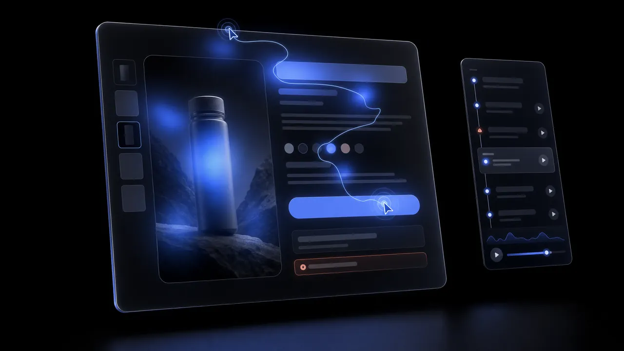 A product page with a bottle photo open on a tablet: a heatmap glow above it, a cursor trail to the buy button and click ripples, next to a phone showing a session recording timeline.