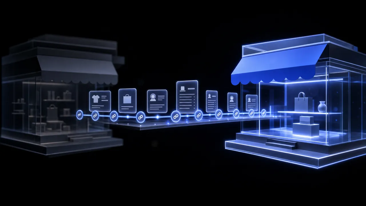 Two stores side by side: an old grey one on the left and a new one with a blue awning on the right; between them, product, page and customer cards travel along a chained path.