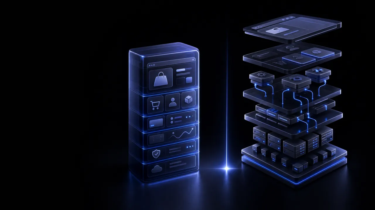 Two dark glowing store towers side by side: on the left, a single block with store, cart, payment and security modules; on the right, separated layers with an interface, modules, connections and servers.
