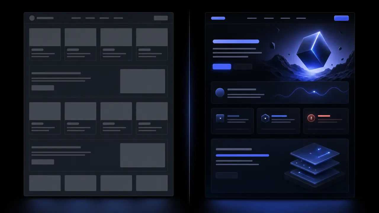 Two websites side by side: on the left a template made of identical grey blocks, on the right a custom design with blue accents, a large illustration and blocks of different sizes.