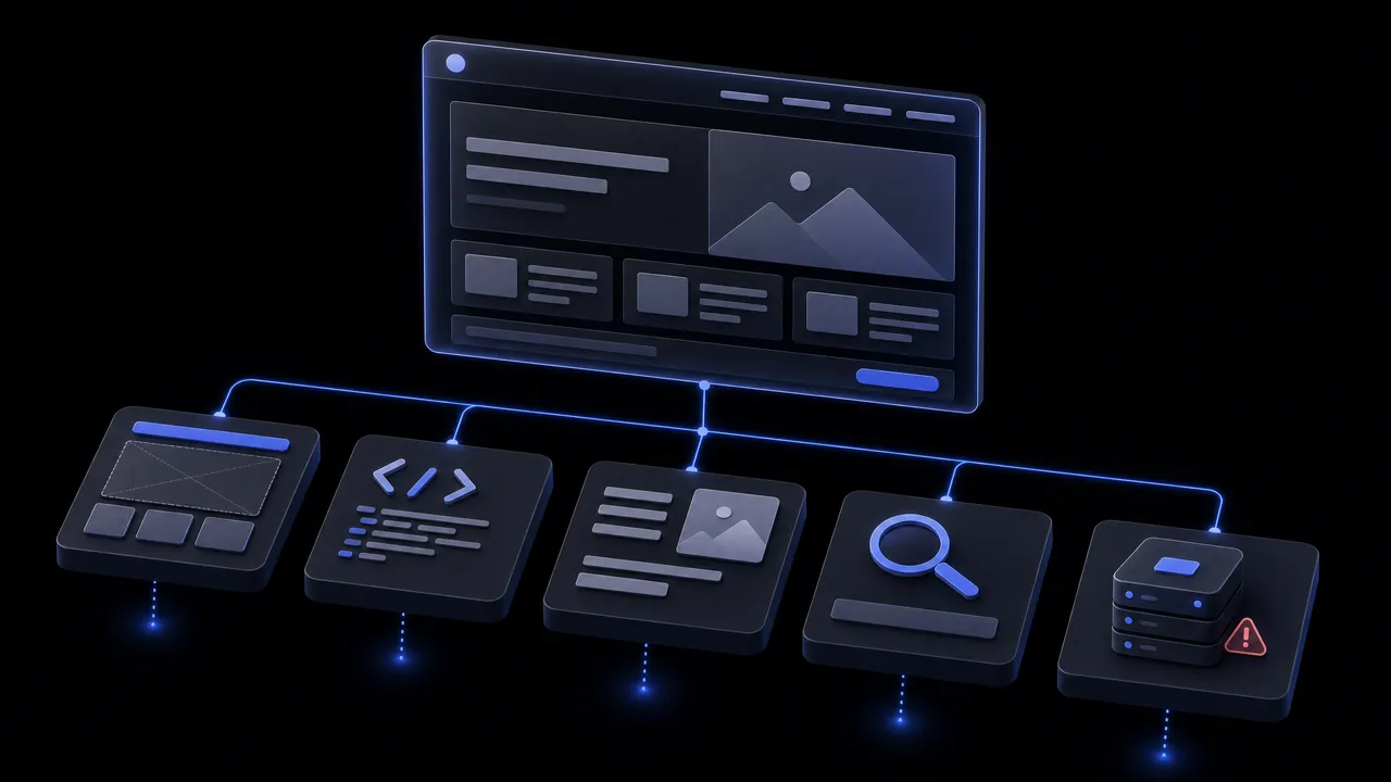 Isometric tiles for design, code, content, search and a server, linked by lines to a single website above them; the server tile carries a warning sign.