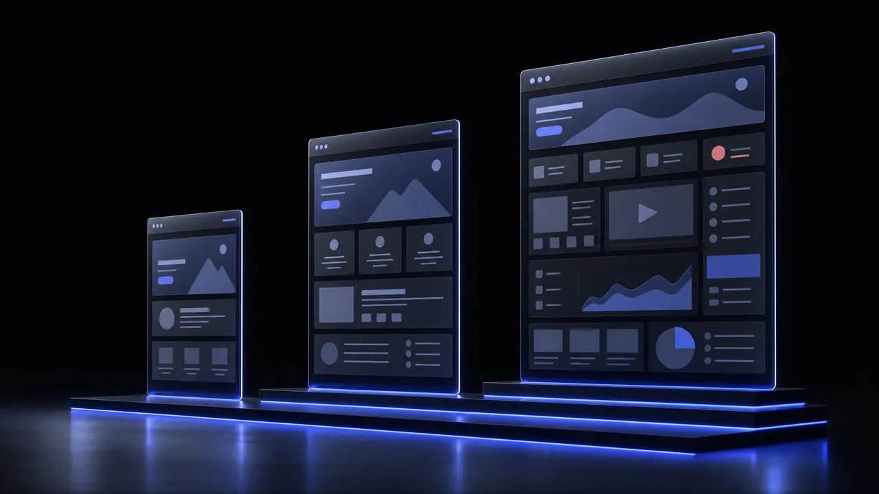 Three website mockups of growing size and complexity on glowing plinths, from a single page to a site with many sections and charts.