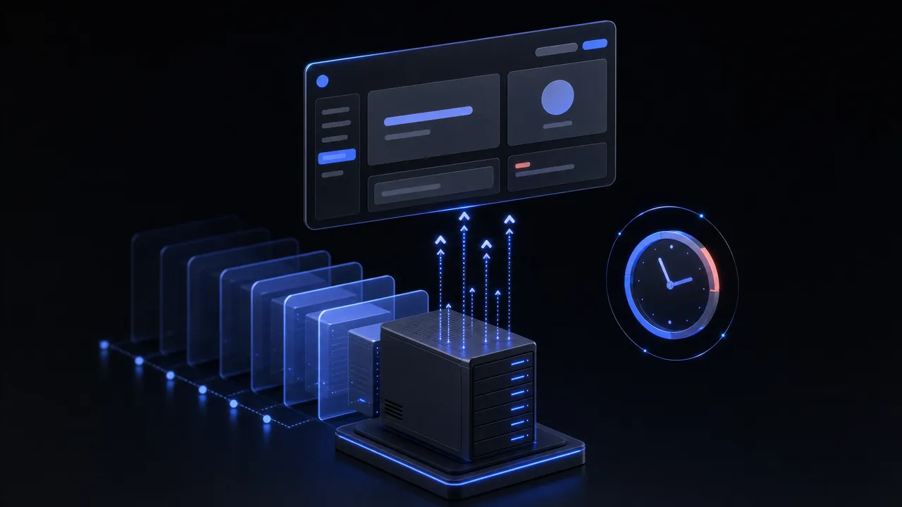 A server with a row of stacked backup snapshots and update arrows rising into a website screen; a clock beside it.