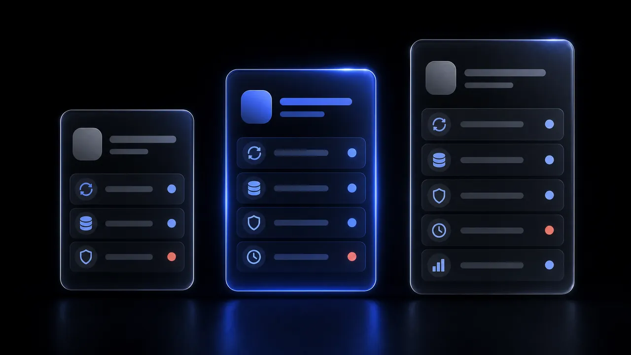 Three maintenance plan cards with a growing number of service icons – updates, backups, security and time; the middle card is highlighted in blue.