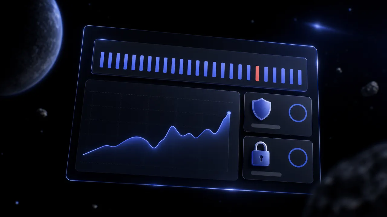 A monitoring dashboard: an uptime strip with one red incident, a response time chart and security and SSL status tiles.