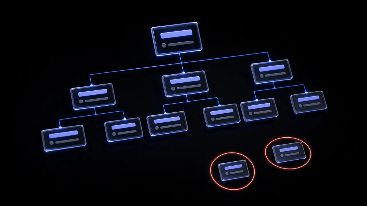 A site structure tree of page nodes; two pages at the bottom are disconnected from the tree and circled in red.