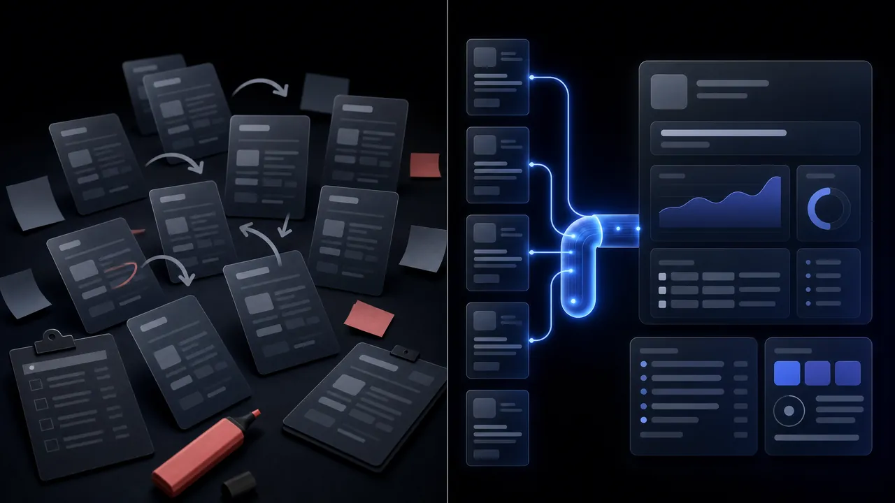 On the left, paper sheets and forms scattered about with arrows, a red marker and error marks; on the right, the same records travel neatly along a glowing line into a dashboard with charts and tables.