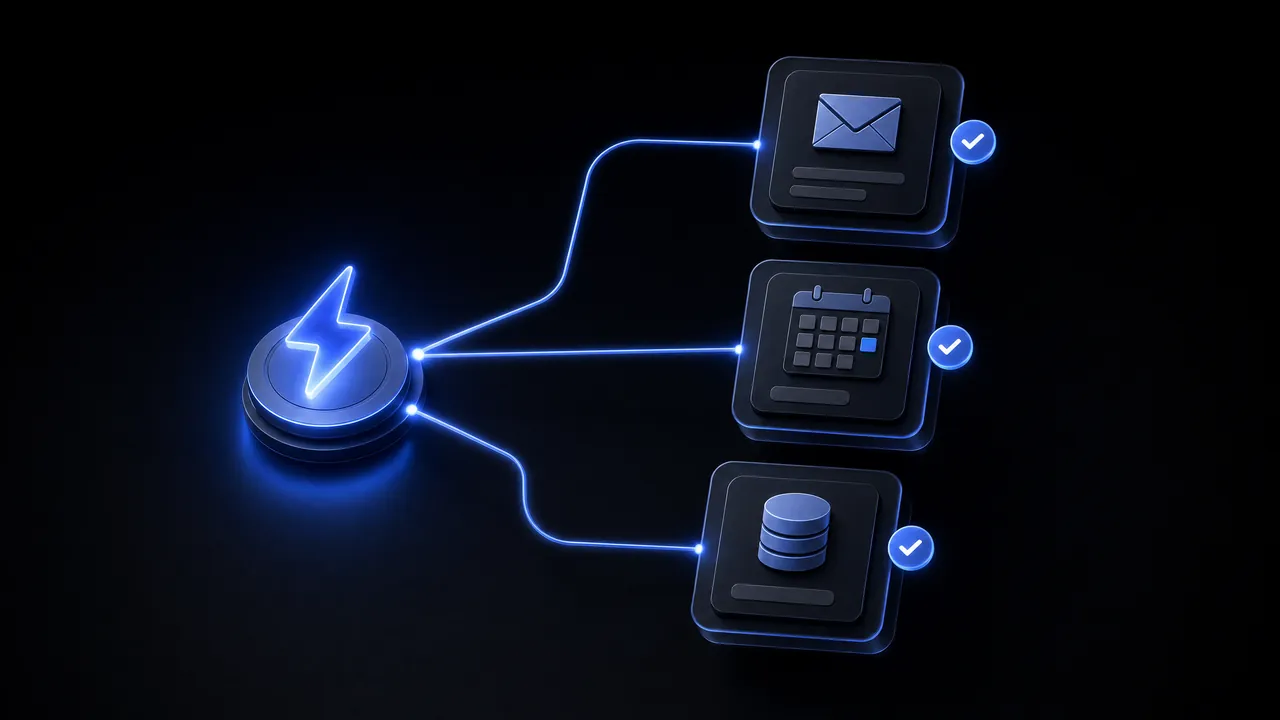A glowing node with a lightning-bolt icon branching along three lines to three cards – an envelope, a calendar and a database – each marked with a tick.