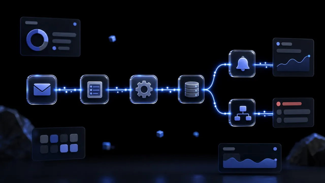 An automated workflow: nodes with envelope, document, gear and database icons joined by glowing lines, branching into notification and structure nodes, surrounded by dashboard cards with charts.