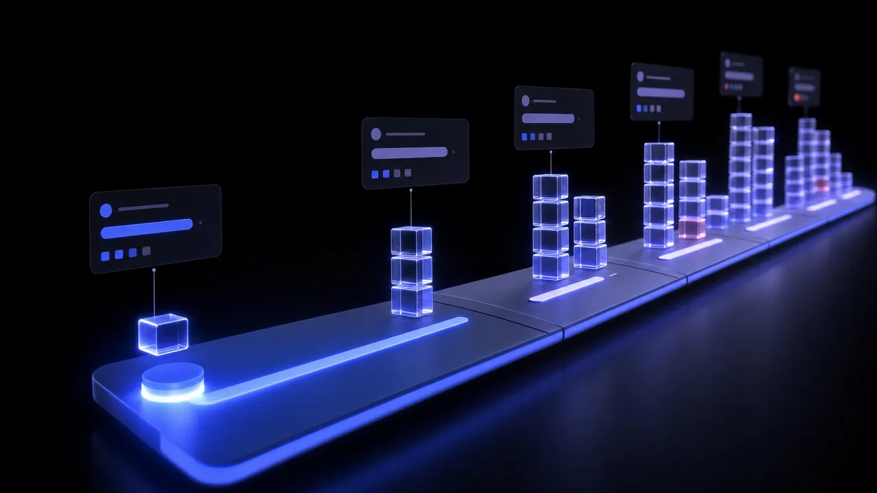 A glowing timeline ribbon with stacks of feature blocks rising higher above each segment; one stack contains a block marked in red.