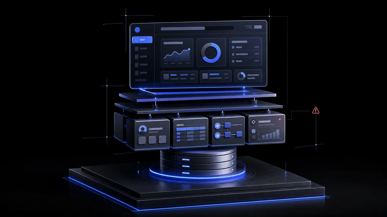 Isometric dark scale model of a web system: an admin dashboard with charts on top, module blocks and a database on a platform below, surrounded by thin measurement guide lines and a small warning sign.