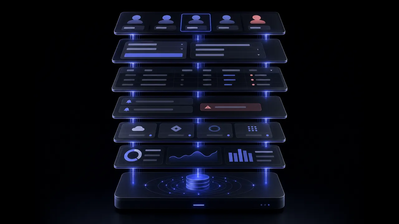 Exploded diagram of a web platform: stacked slabs for user roles, forms, tables, notifications, integrations and reports, connected to a base by glowing lines.