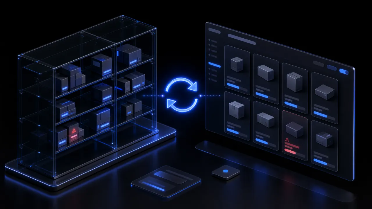 Glass warehouse shelves with boxes and an online store product grid on a screen, linked by blue sync arrows; one product is marked red both on the shelf and on screen.