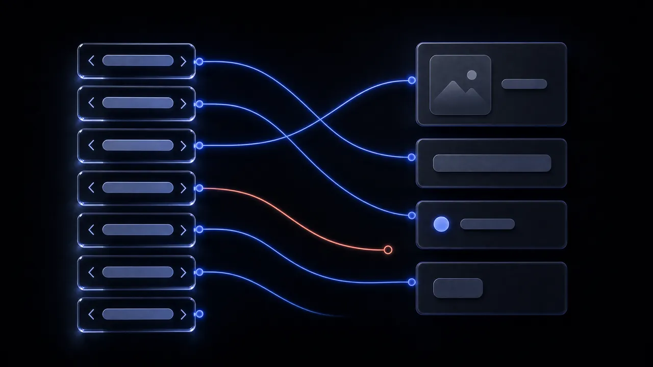 A field-mapping diagram: a column of XML tags on the left, product card fields with an image, a title and a price on the right; blue lines join them, and one red line ends at an unmapped field.
