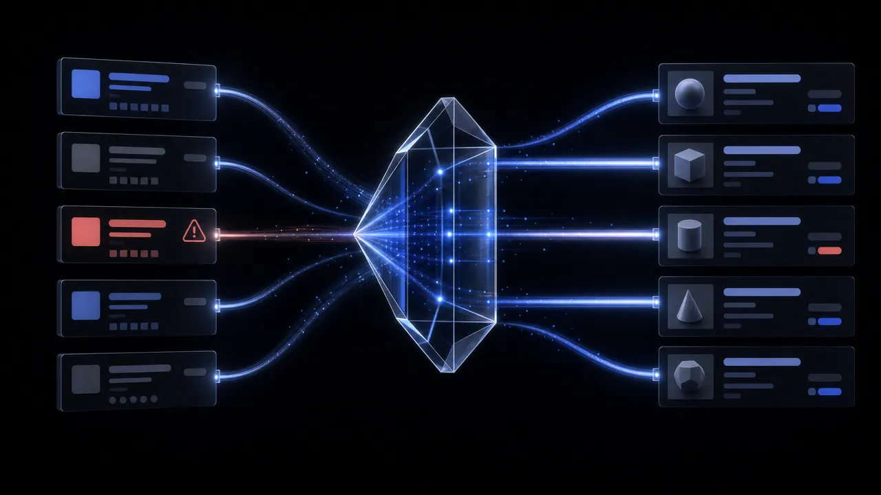 Five supplier data streams from the left converge into a glass prism and leave it as neat product rows; one stream is marked red with a warning sign.